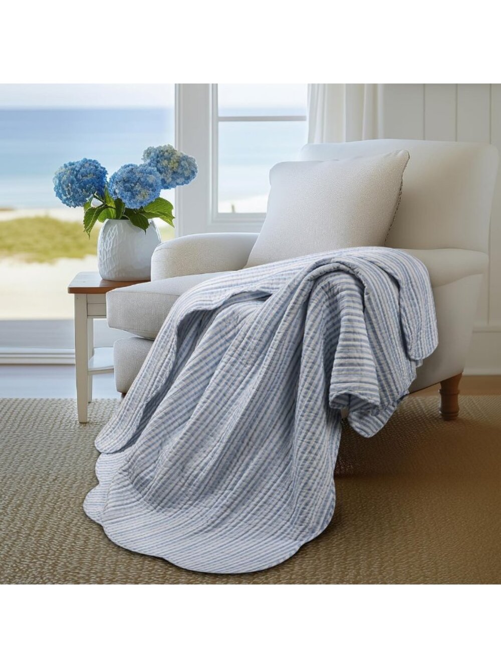 Cozy Blue & White Quilted Stripe Throw Blanket - Soft Cotton, 50x60in.